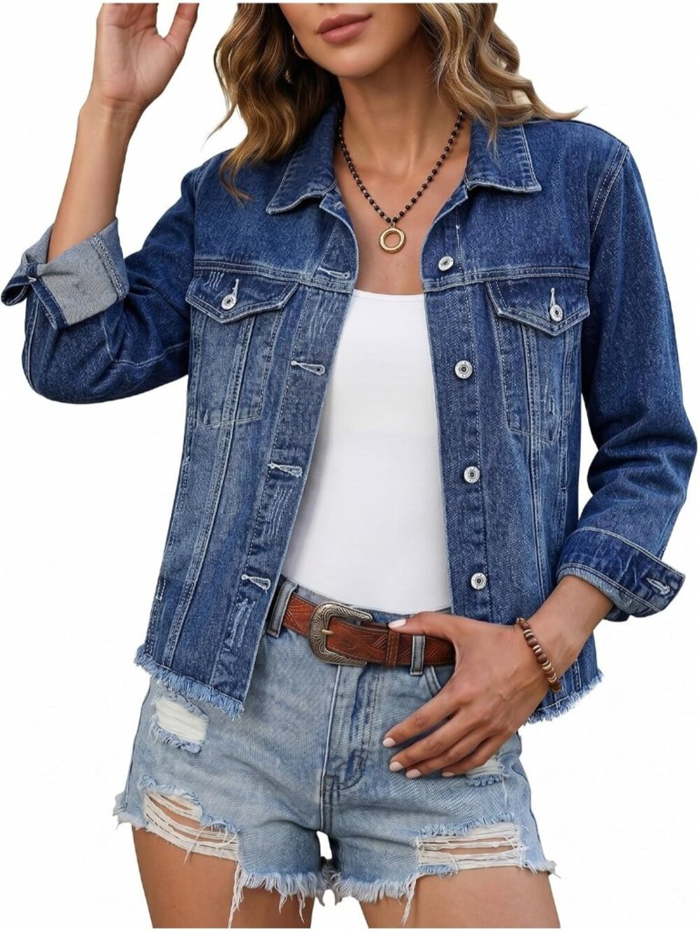 Women’s Dark Blue Western Trucker Frayed Hem Vintage Distressed Jean Jacket